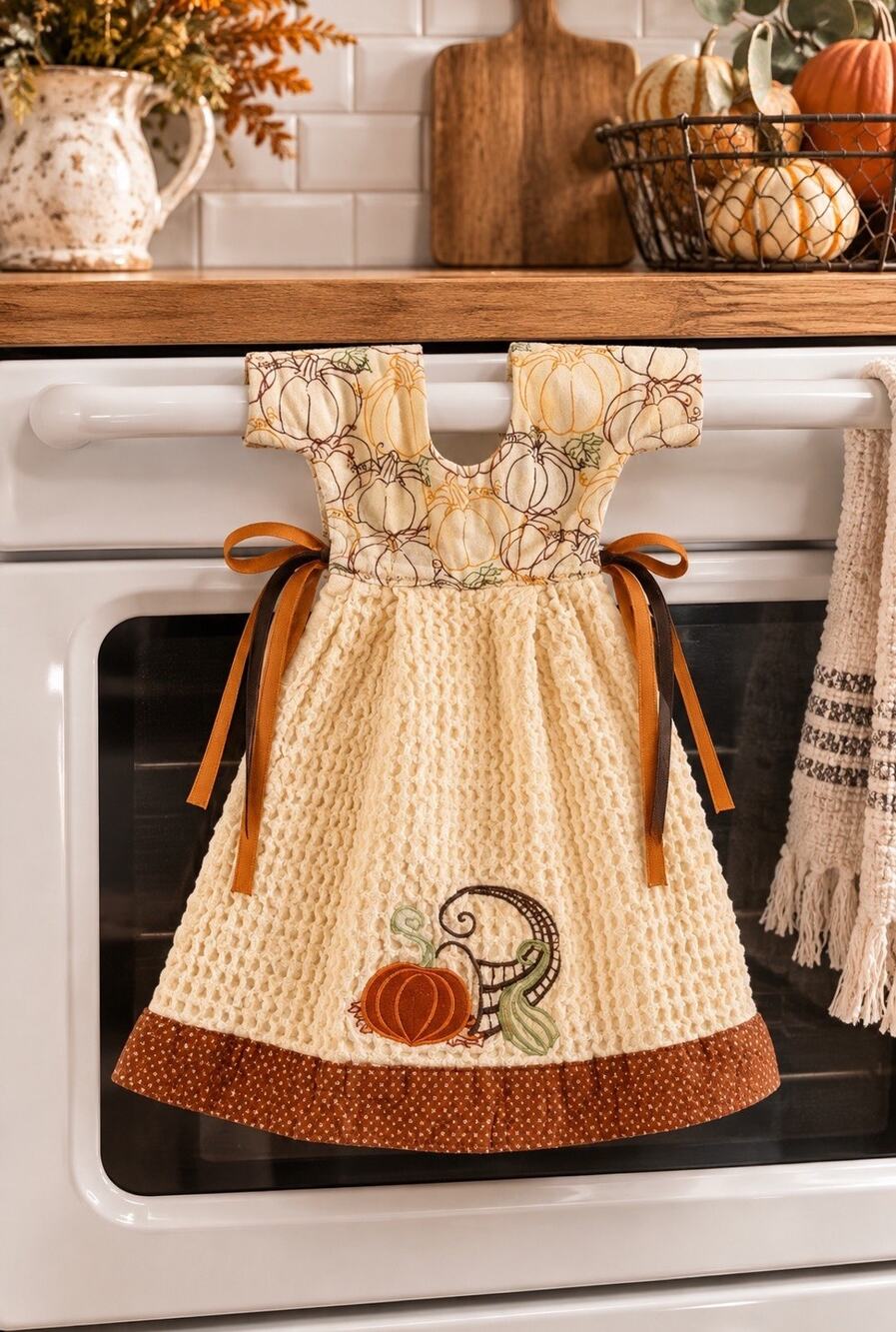 Harvest Season Embroidered Ruffle Hand Kitchen Towel Dress Decor